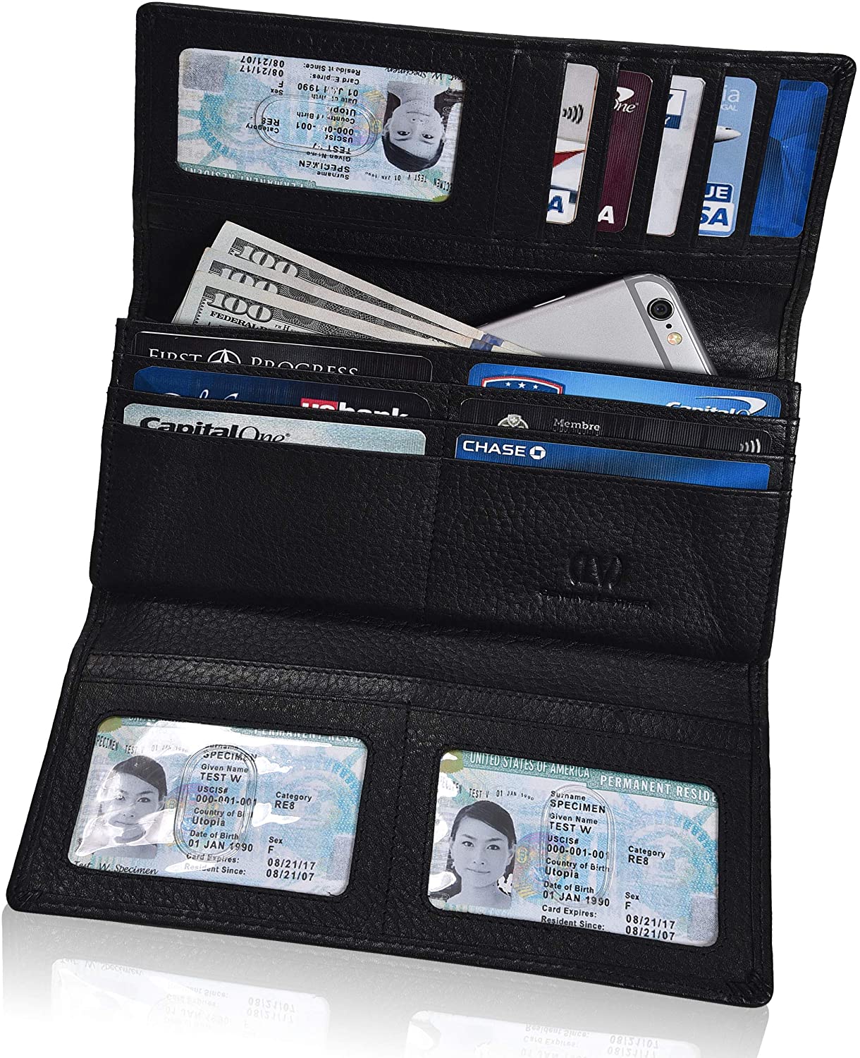 Price:$17.99 RFID Leather Clutch Wallet for Women-Credit Card Slots Coin Purse with ID Window - Handmade by LEVOGUE (Black Floater) at Amazon Women’s Clothing store