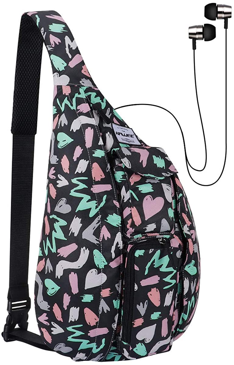 Price:$26.99   | HAWEE Chest Crossbody Sling Bags Hiking Backpack Chest Sports Travel Daypack for Women, Black + Love Graffiti | Casual Daypacks
