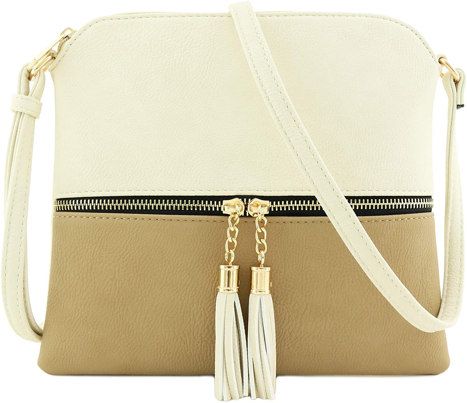 Price:$15.95 Lightweight Medium Crossbody Bag with Tassel (Beige/Taupe)  Handbags   