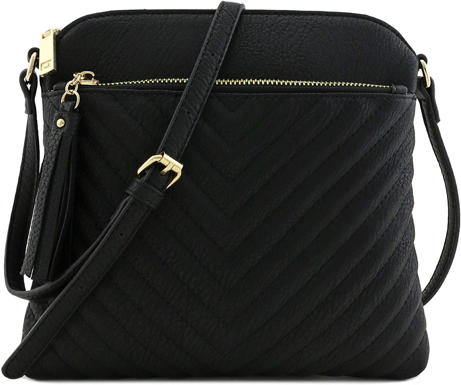 Price:$16.95 Chevron Quilted Medium Crossbody Bag with Tassel Accent Black  Handbags   