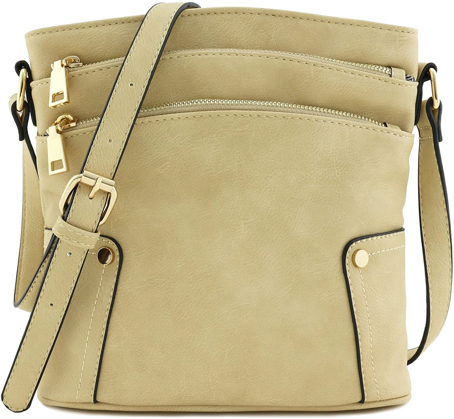 Price:$21.95 Triple Zip Pocket Medium Crossbody Bag (Beige)  Handbags   