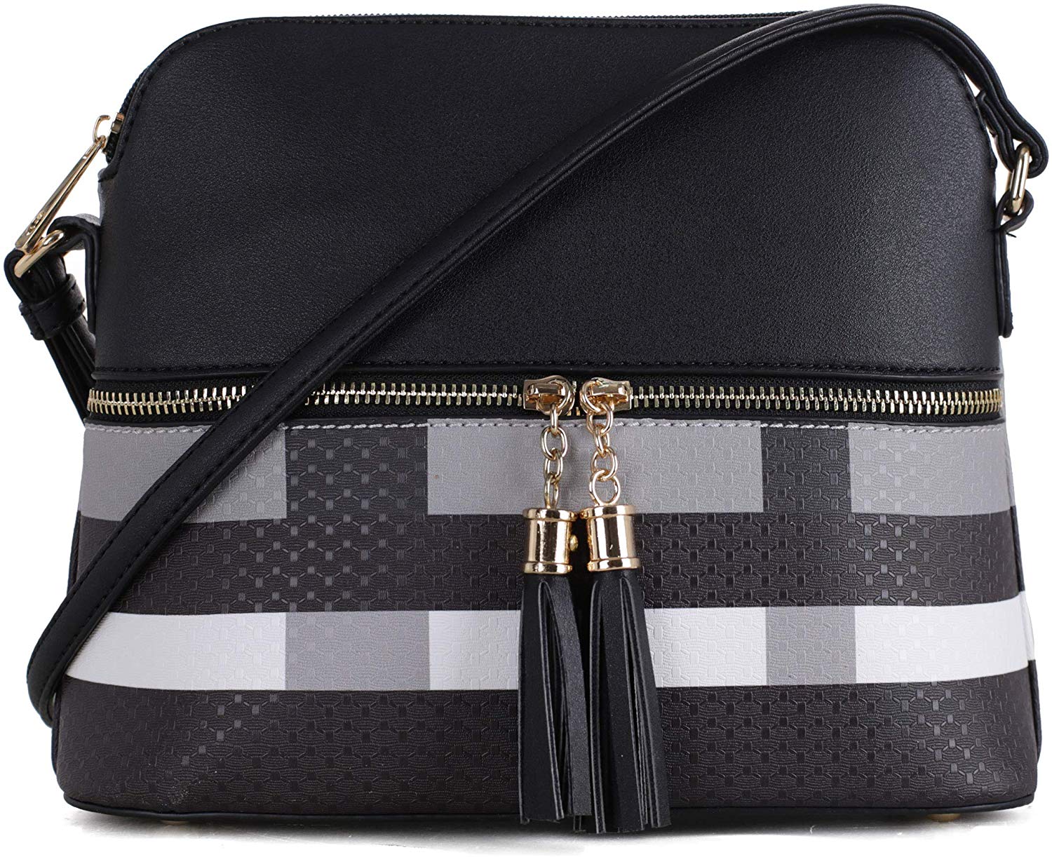 Price:$22.99 SG SUGU Lightweight Medium Dome Crossbody Bag with Tassel | Plaid Pattern | Black/Black  Handbags   