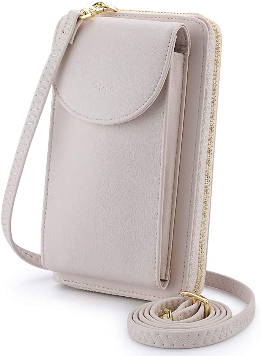 Price:$21.99 S-ZONE PU Leather RFID Blocking Crossbody Phone Bag for Women Small Cellphone Wallet Purse Pouch (Beige RFID Blocking)  Handbags   