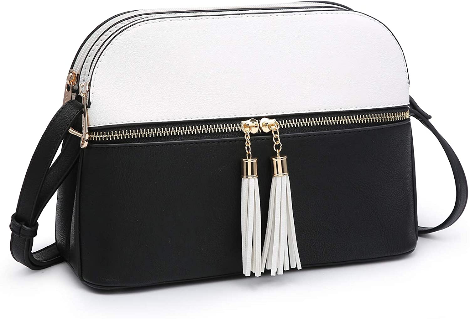 Price:$22.99 Dasein Women Tassel Zipper Pocket Crossbody Bag Shoulder Purse Fashion Travel Bag with Multi Pockets (White/Black)  Handbags   