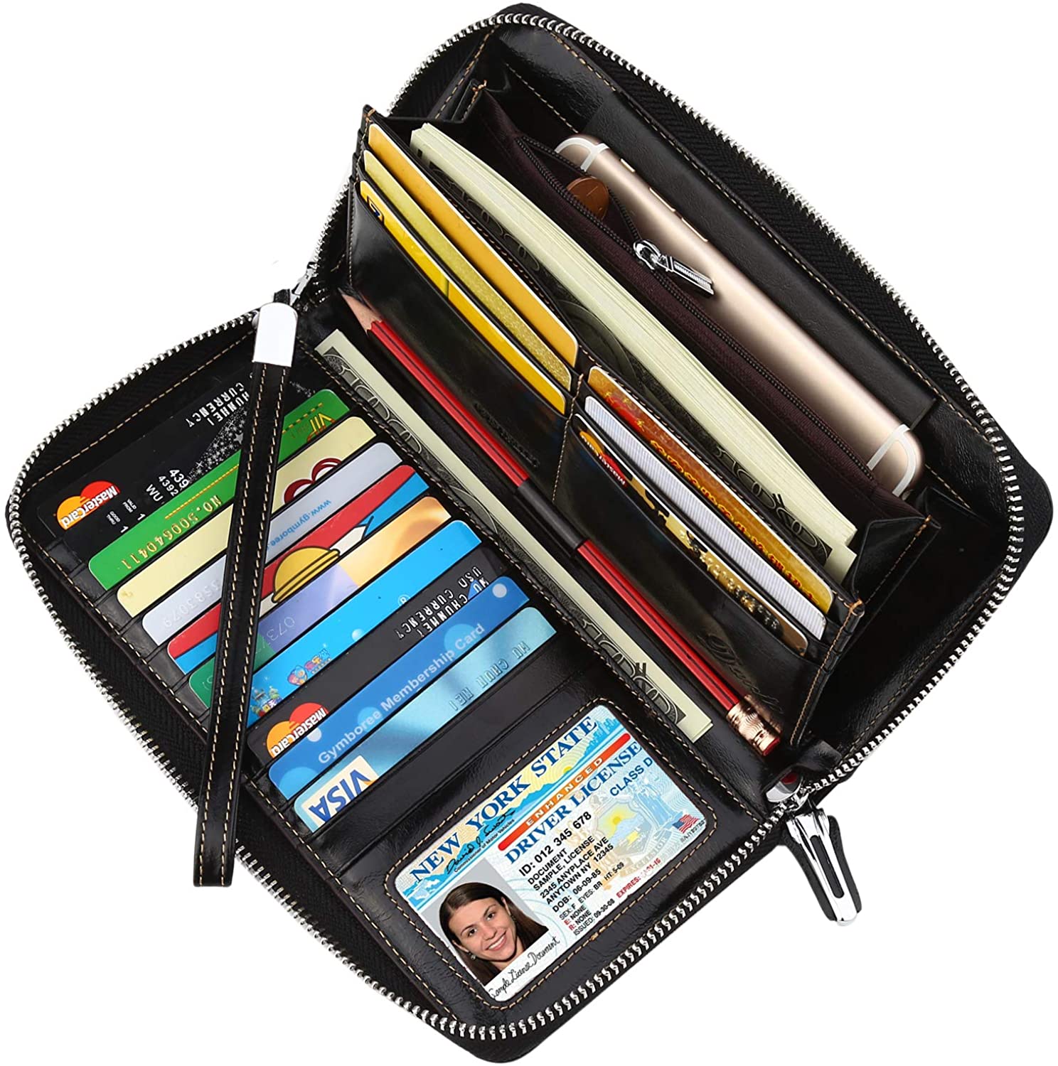Price:$29.99    Lavemi Women's RFID Blocking Real Leather Zip Around Wallet Clutch Large Travel Purse Wristlet(Large Size Black)  Clothing