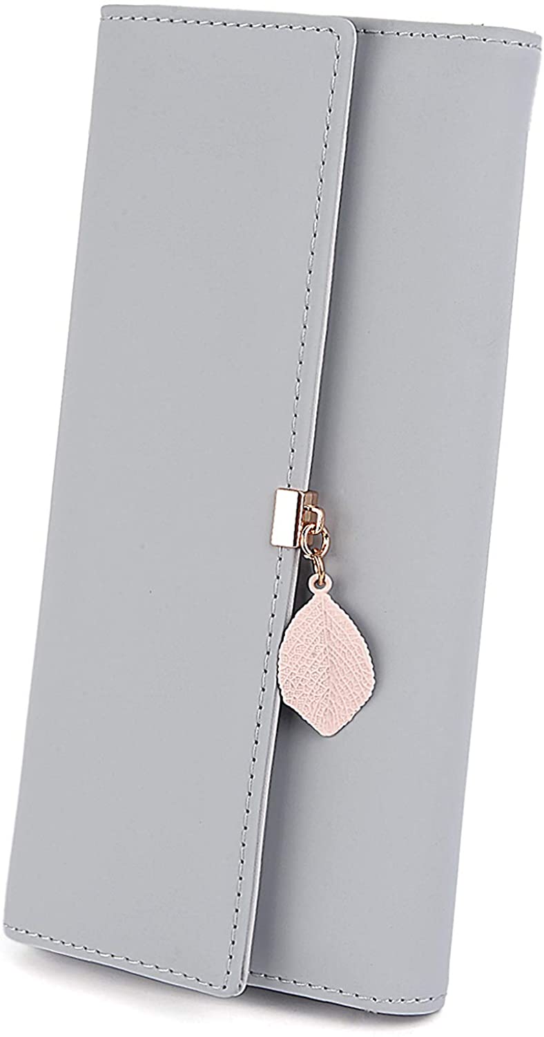 Price:$17.99    UTO Women PU Leather Wallet Large Capacity Leaf Pendant Card Phone Holder Checkbook Organizer Zipper Coin Purse A Grey  Shoes