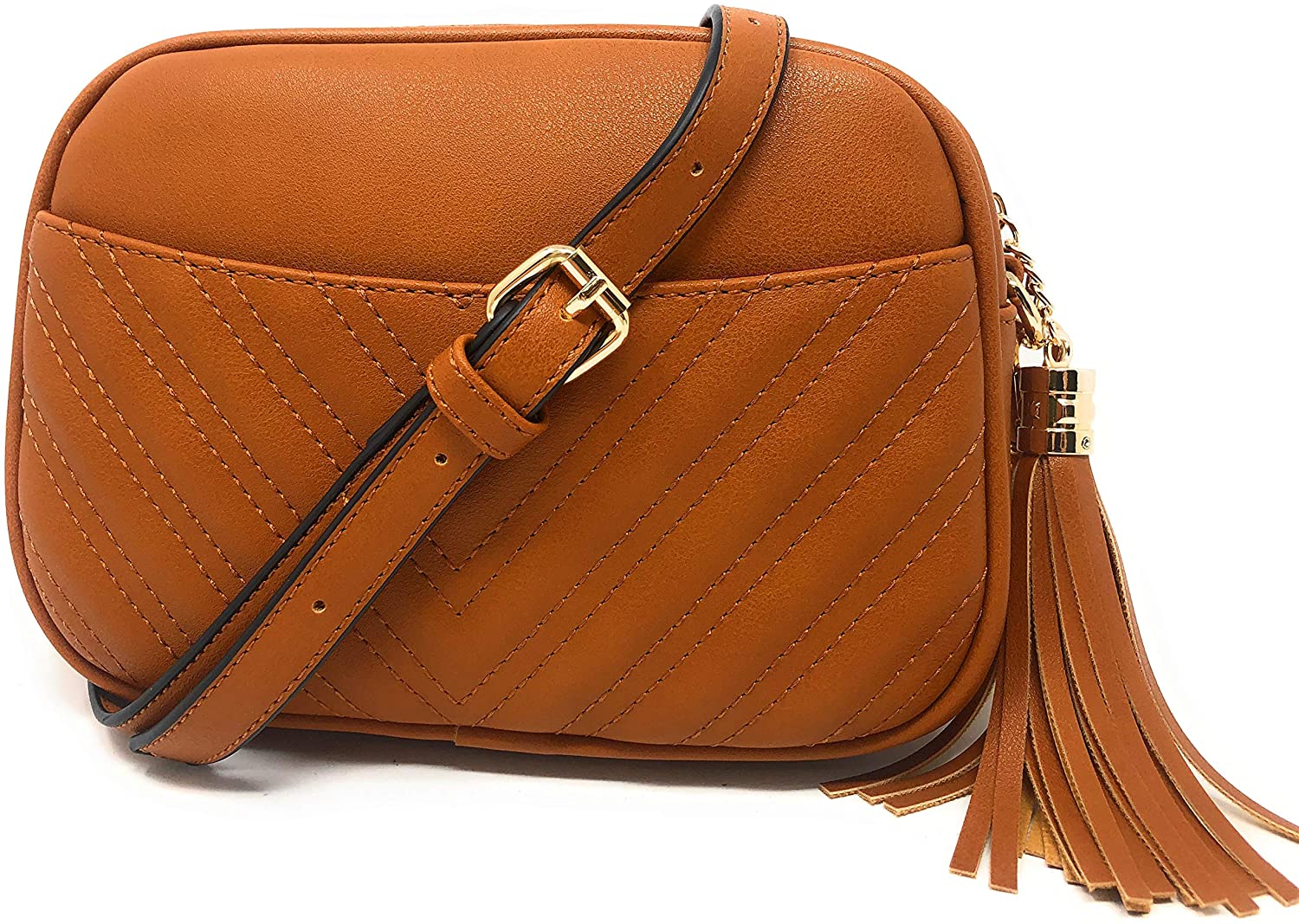 Price:$19.99 Chevron Quilted Crossbody Shoulder Bag with Tassel accent and Adjustable Strap by lola mae (Brown 2)  Handbags   