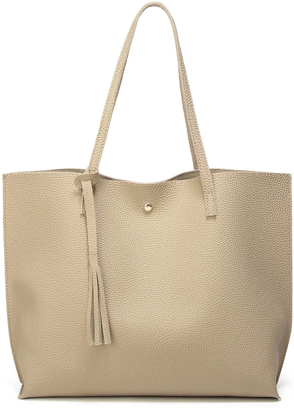 Price:$11.42    Women's Soft Faux Leather Tote Shoulder Bag from Dreubea, Big Capacity Tassel Handbag Light Khaki  Shoes