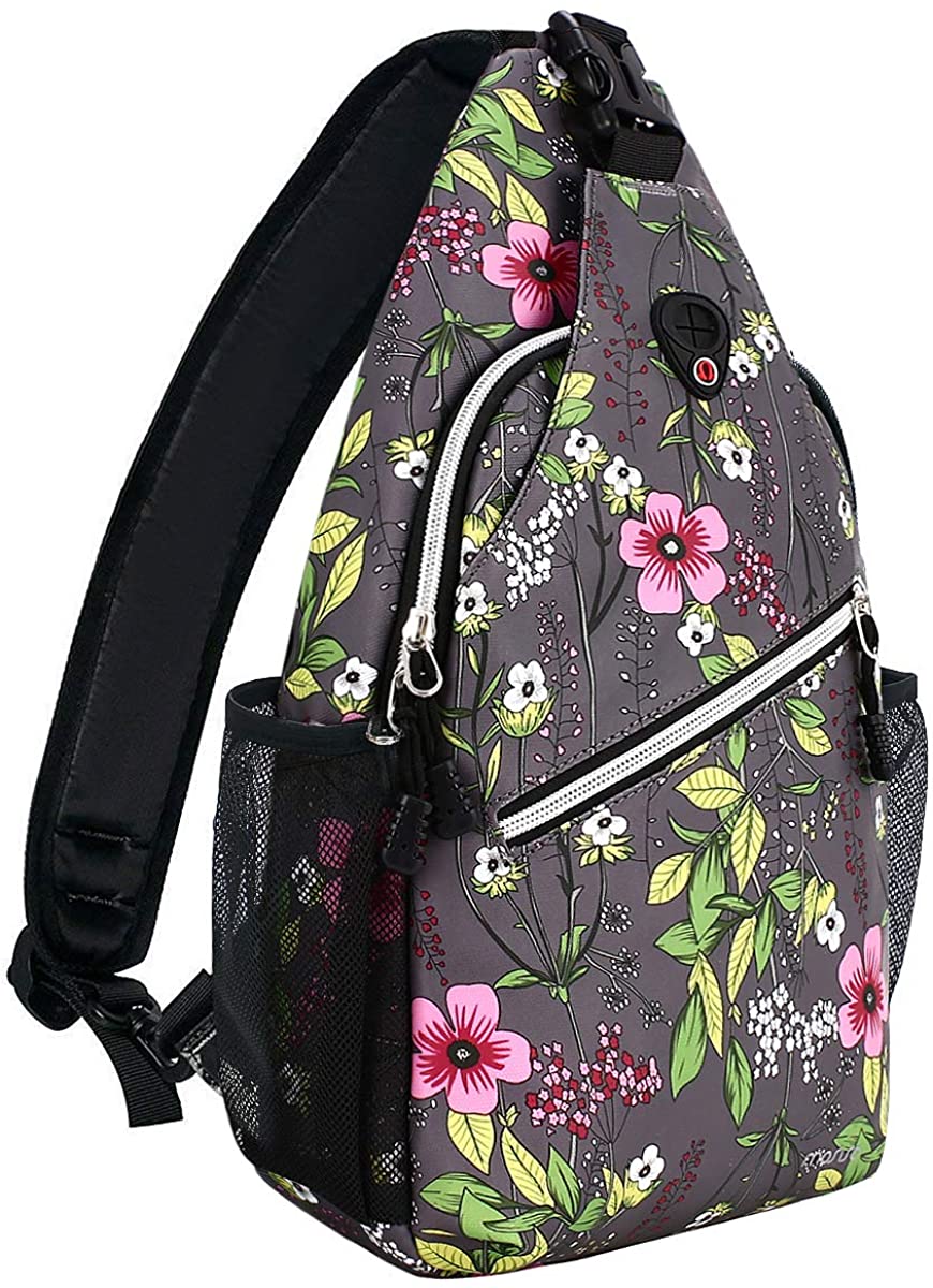 Price:$16.99     MOSISO Sling Backpack, Travel Hiking Daypack Pattern Rope Crossbody Shoulder Bag, Space Gray Base Flower   Sports & Outdoors