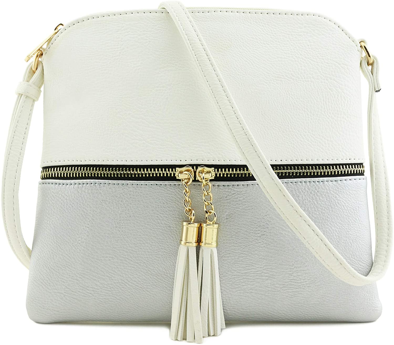 Price:$15.95    Lightweight Color-block Medium Crossbody Bag with Tassel (White/Silver)  Clothing