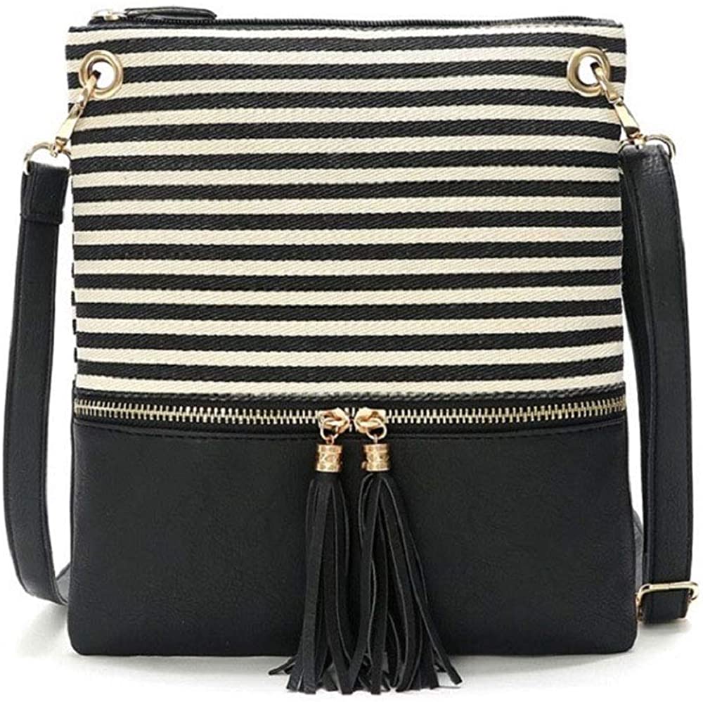 Price:$12.99 Duketea Stripe Medium Crossbody Purse, Canvas + Faux Leather Crossover Shoulder Bag (Stripe+Black Leather)  Handbags   