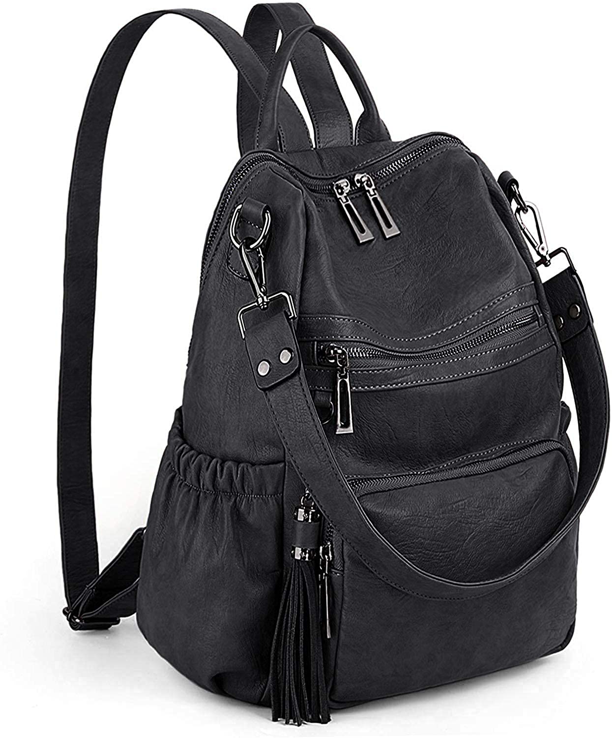 Price:$39.99    UTO Women Backpack Purse PU Washed Leather Convertible Ladies Rucksack Tassel Zipper Pocket Shoulder Bag A Black  Shoes