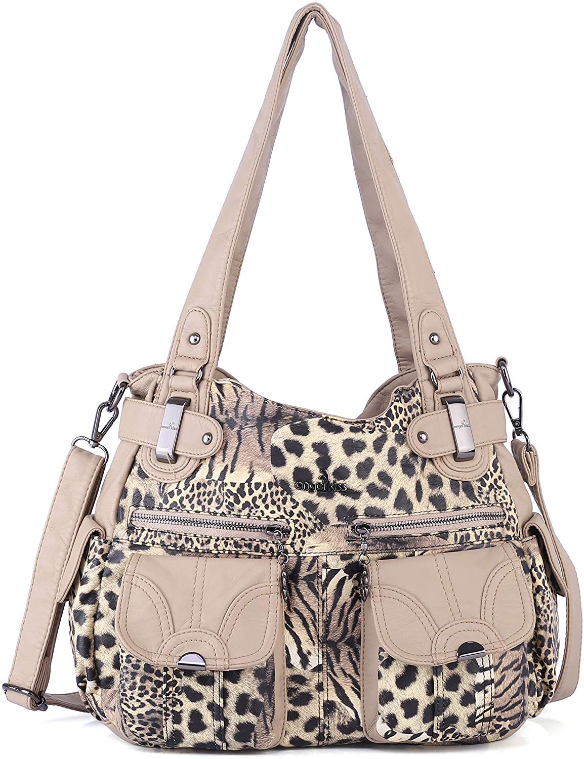 Price:$32.99 Angelkiss Women's Handbag Large Double Zipper Multi Pocket Washed Shoulder bag Designer Handbags for Women  Handbags   