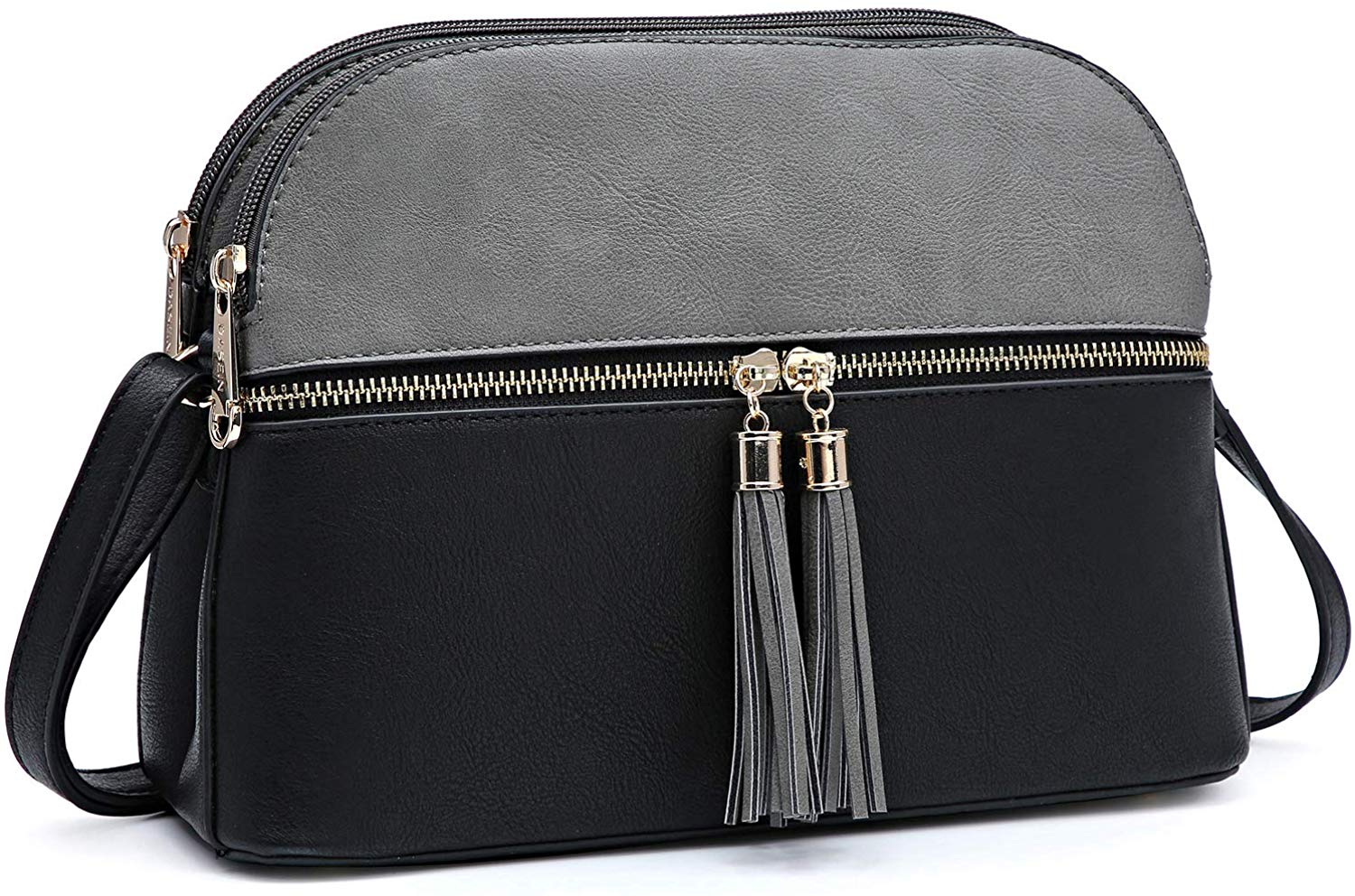Price:$20.99 Functional Multi Pockets Lightweight Medium Crossbody Bags Purses for Women Double Zipper Shoulder Messenger Bag with Tassel (Gray/Black)  Handbags   