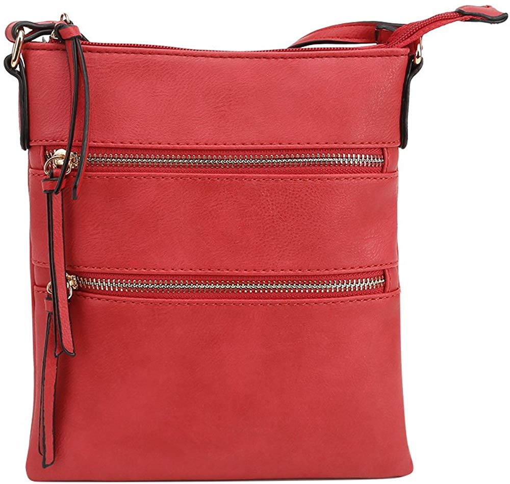 Price:$14.95 DELUXITY Essential Casual Functional Multi Pocket Double Zipper Crossbody Purse Bag for Women (Red)  Handbags   