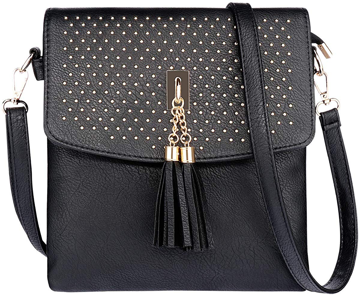 Price:$19.99 Tassel Crossbody Bag Purse with Rivet Shoulder Bag For Women (Black)  Handbags   