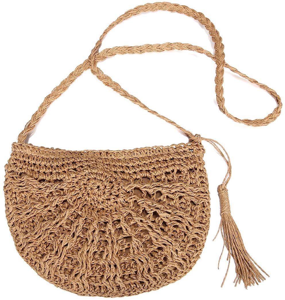 Price:$14.99    Straw Crossbody Bag, JOSEKO Women Weave Rattan Shoulder Bag Summer Beach Round Wicker Purse for Travel Everyday Use Khaki 25 x 18cm(L x H)