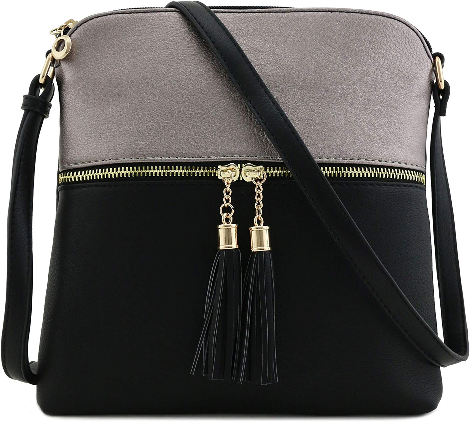 Price:$16.95 Tassel Zip Pocket Crossbody Bag (Pewter/Black)  Handbags   