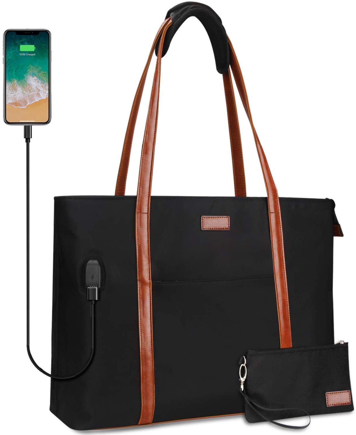 Price:$25.99    Laptop Tote Bag for Women Teacher Work Office USB Bags Fits 15.6 inches Laptop Lightweight Water Resistant Nylon Tote Bag (Black and Brown Strap)  Computers & Accessories