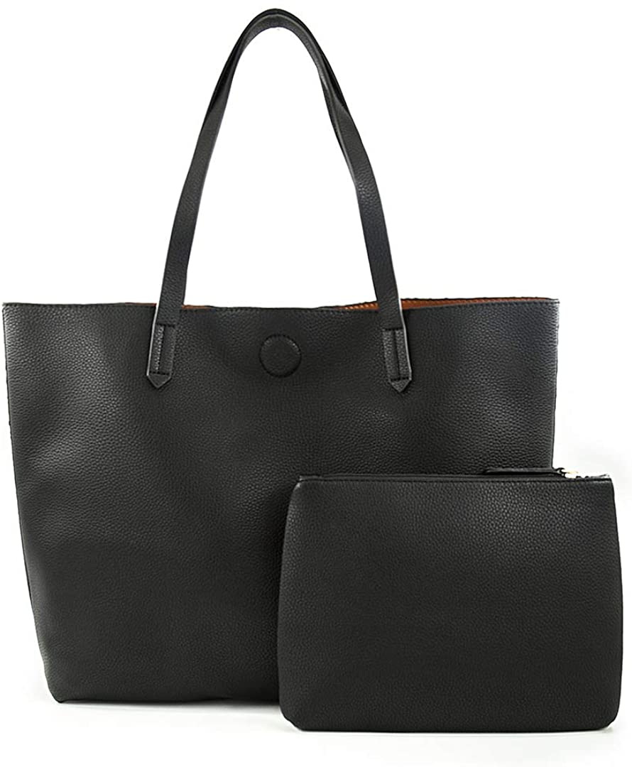 Price:$34.99 EMPERIA Bracelyn Vegan Leather Contrast Lining Tote Handbag Shoulder Bag with Wallet 2 PCS SET for Women BLACK  Handbags   