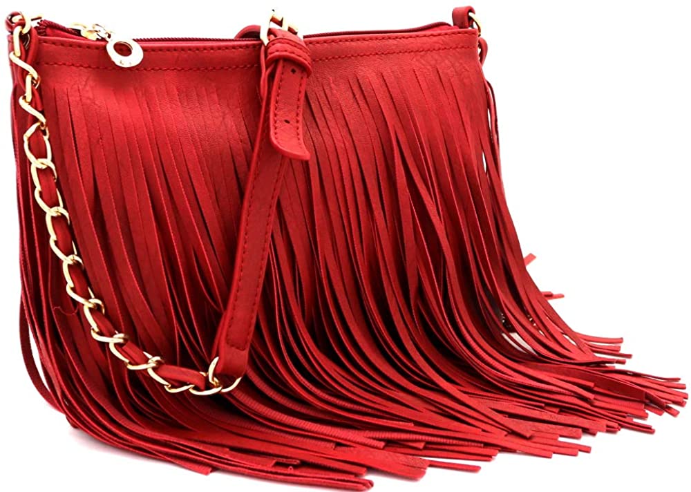 Price:$19.98    Front and Back Both Side Fringed Soft PU Leather Medium Long Cross Body Messenger Shoulder Bag (RED)  Shoes