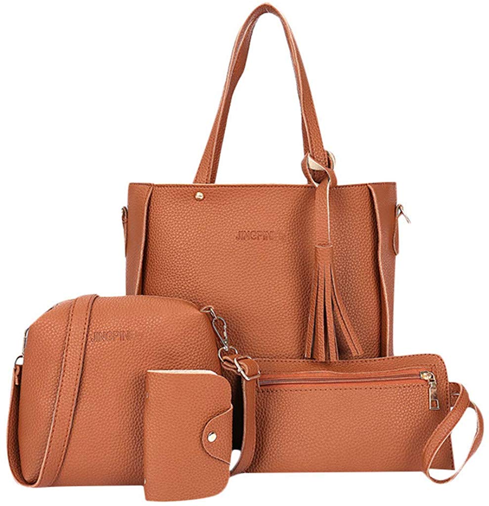 Price:$0.99    Women's Shoulder Bags,Ladies Four-Piece Messenger Bags Solid Tassel Tote Bags Satchel Casual Wallet Handbag Purse (Brown)  Clothing