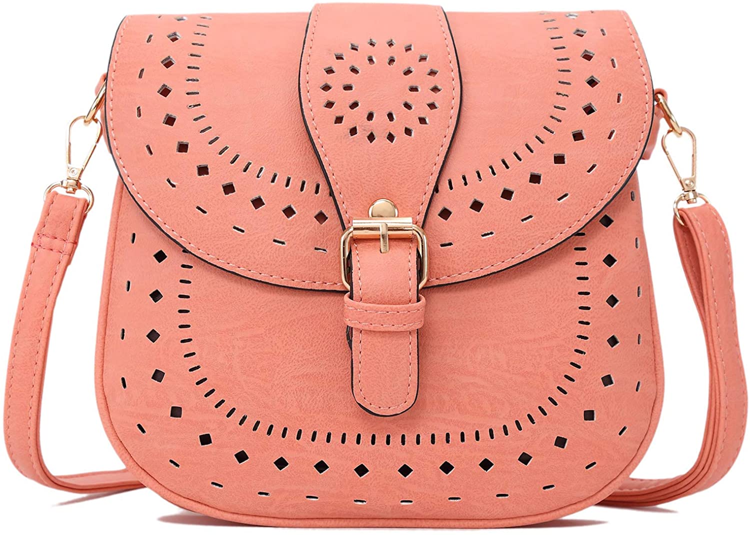 Price:$18.99 Forestfish Ladie's PU Leather Vintage Hollow Bag Crossbody Bag Shoulder Bag (Light Pink)  Handbags   