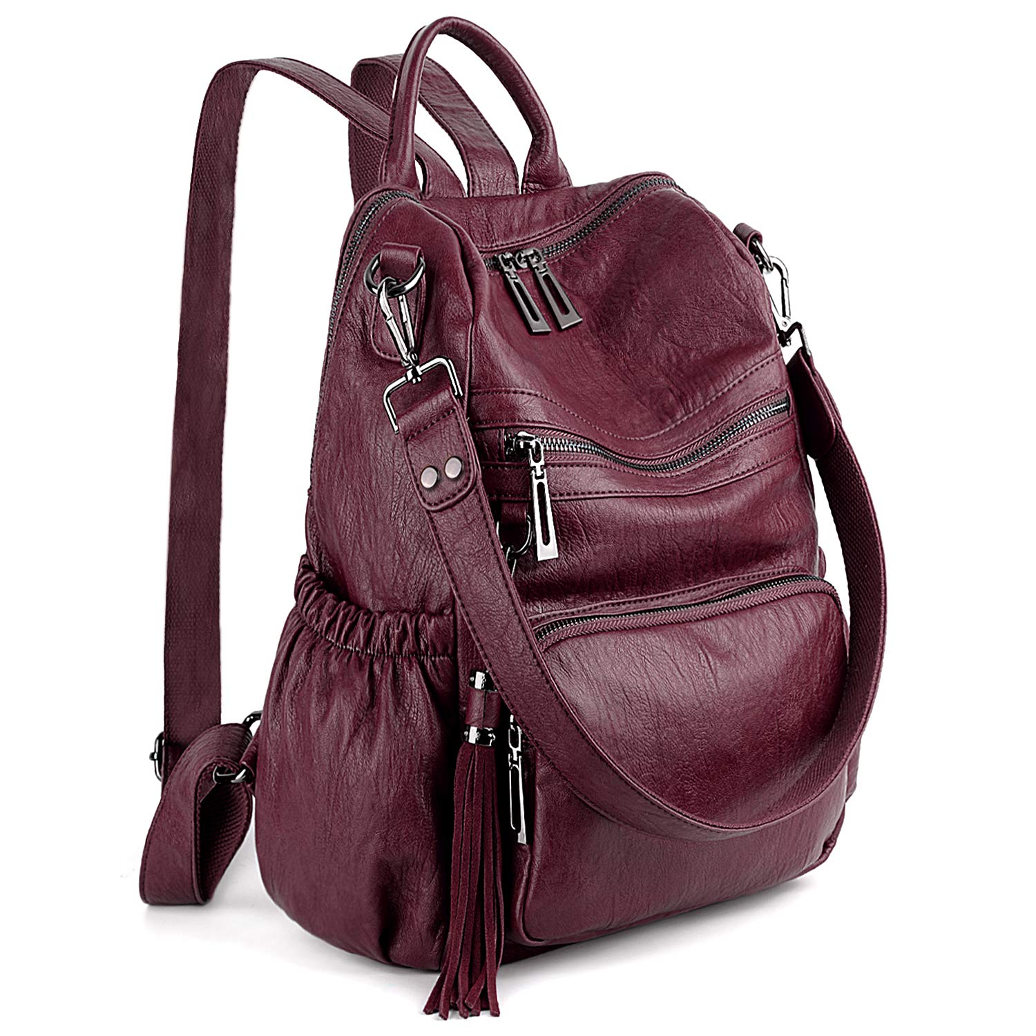 Price:$36.99    UTO Women Backpack Purse PU Washed Leather Convertible Ladies Rucksack Tassel Zipper Pocket Shoulder Bag Pure Red  Shoes