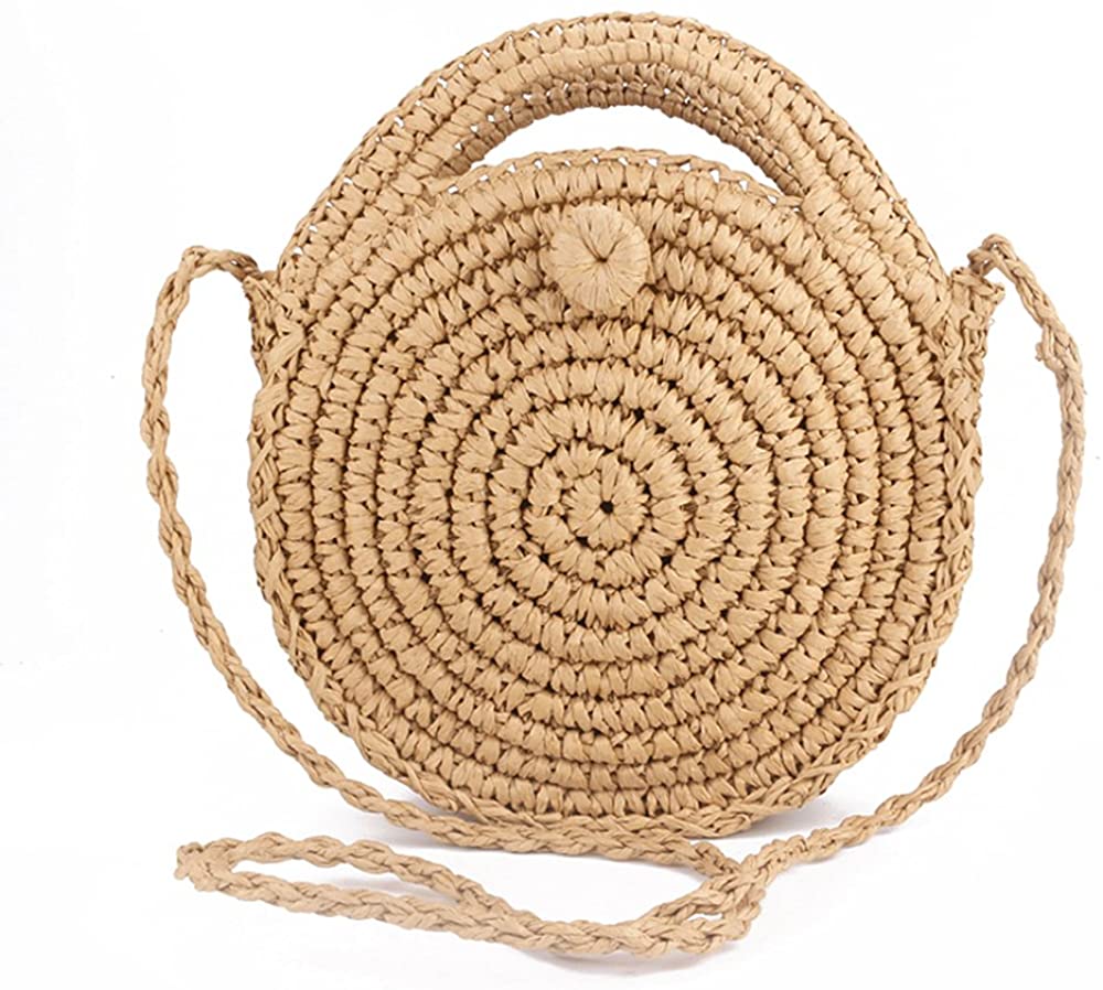 Price:$12.00 Teeya Straw Crossbody Bag Women Weave Shoulder Bag Round Summer Beach Purse and Handbags, Light Brown, Medium  Handbags   