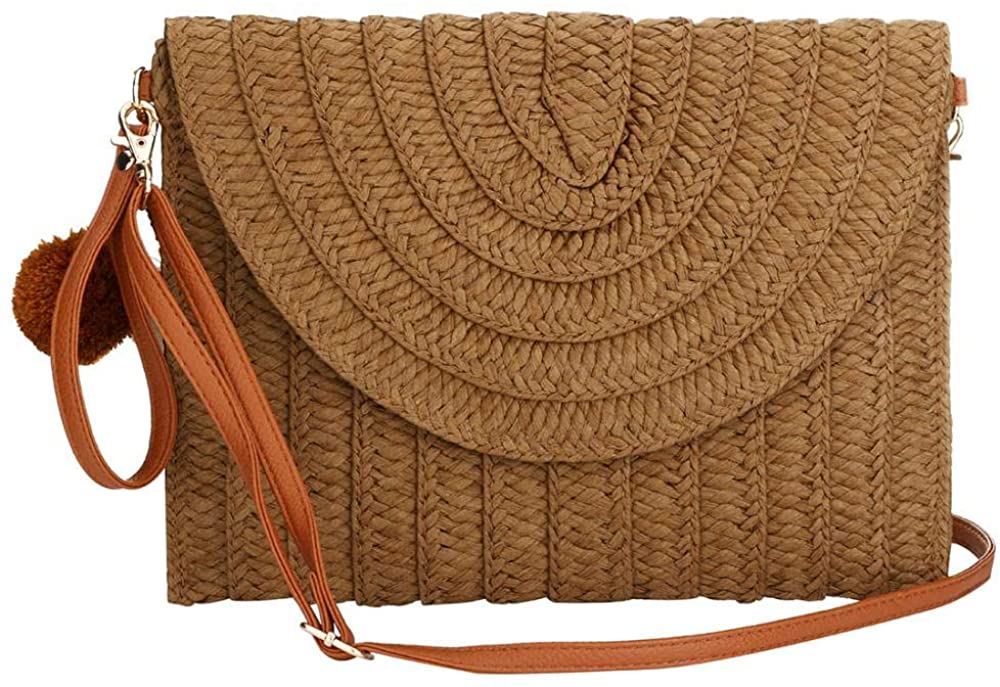 Price:$19.99 Woven Straw Shoulder Bag Handwoven Summer Beach Bag Leather Crossbody Wicker Boho Bags for Women with Leather Strap and Plush Toys (Woven Straw Coffee Brown)  Handbags   