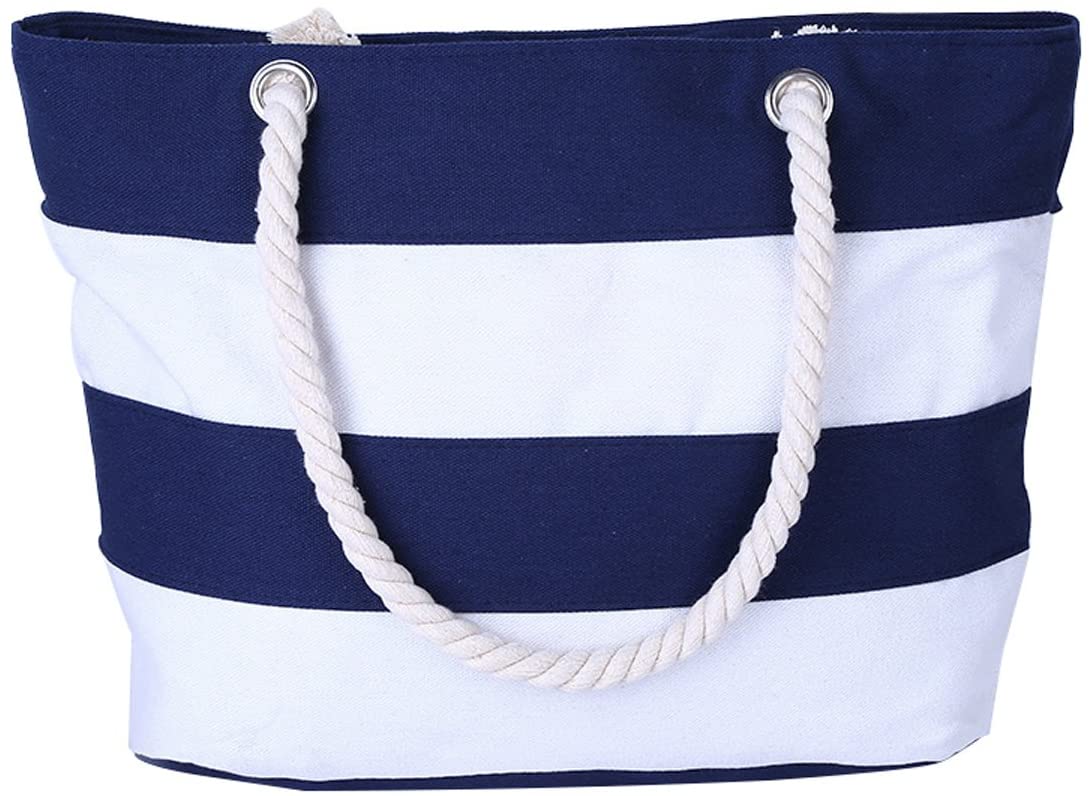 Price:$13.99    Cotton Canvas Tote Beach Bag With Zipper Top Handle Handbag Shoulder Bags Shopping Bag from Nevenka (Style 1, Blue White)