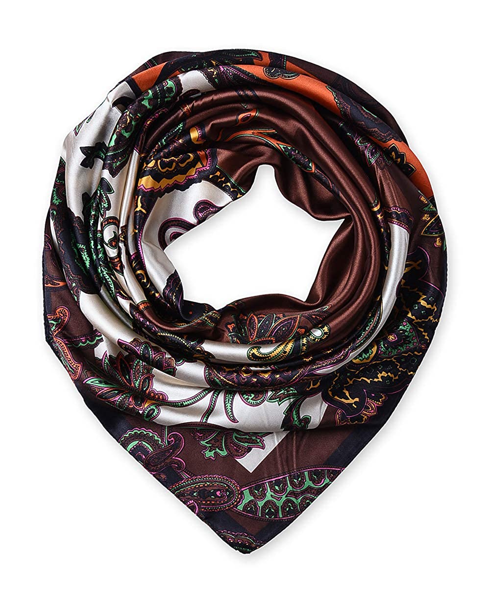 Price:$8.99 Large Square Satin Silk Like Lightweight Scarfs Hair Sleeping Wraps for Women Coffee Ethnic Floral Pattern at Amazon Women’s Clothing store