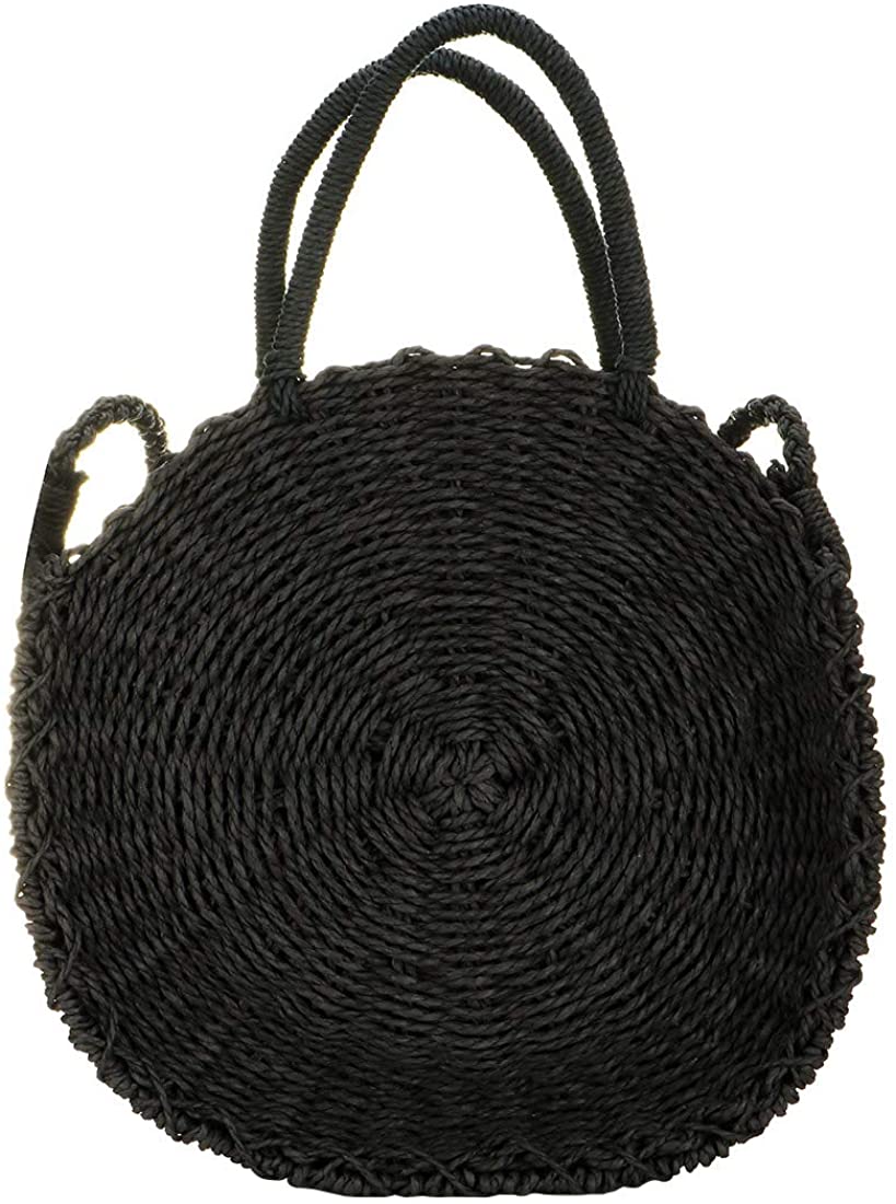 Price:$18.99 Straw Crossbody Bag, Women Beach Shoulder Summer Top Handle Crossbody Round Purse Ladies Woven Fashion Crochet (black)  Handbags   