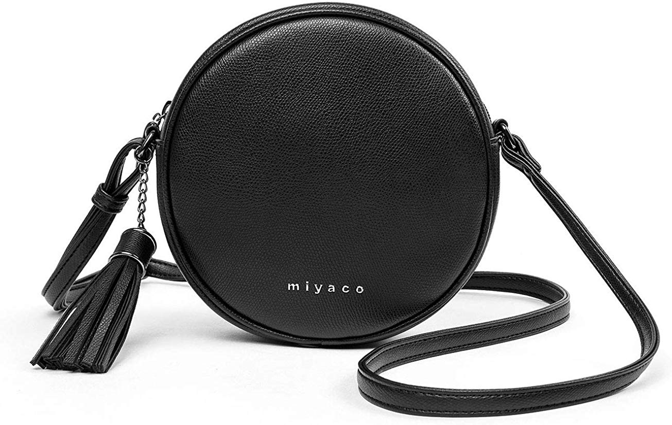 Price:$16.99 Women's Round Cross-Body Zipper Shoulder Bag Soft Leather circle purses and handbags with Tassel (Black)  Handbags   