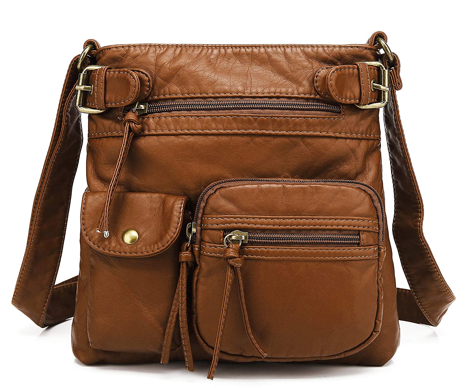 Price:$23.99 Scarleton Small Multi Pocket Crossbody Bag for Women, Ultra Soft Washed Vegan Leather Shoulder Purse, Brown, H183304  Handbags   
