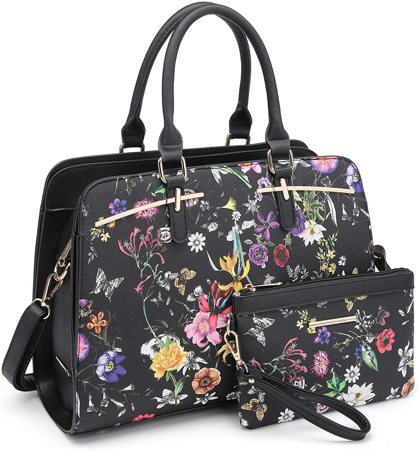 Price:$45.99    Dasein Women Satchel Handbag Shoulder Purse Top Handle Work Bag Tote Bag With Matching Wallet (Black Floral)  Shoes
