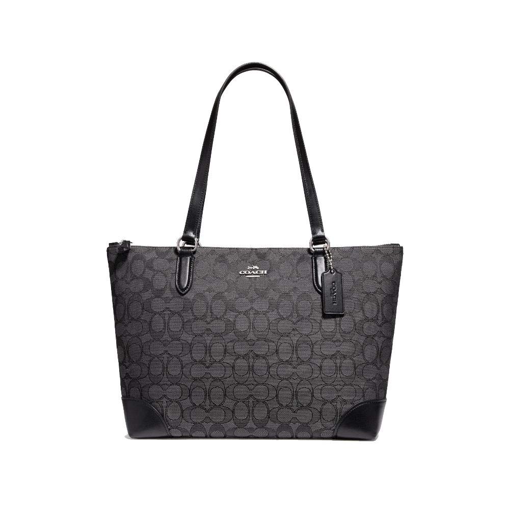 Price:$149.20    Coach ZIP TOP TOTE IN SIGNATURE JACQUARD, Black Smoke, Medium  Shoes