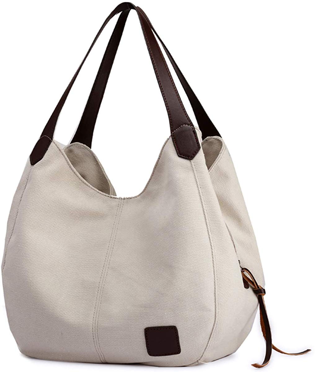 Price:$20.99    DOURR Women's Multi-pocket Shoulder Bag Fashion Cotton Canvas Handbag Tote Purse (Beige)  Shoes