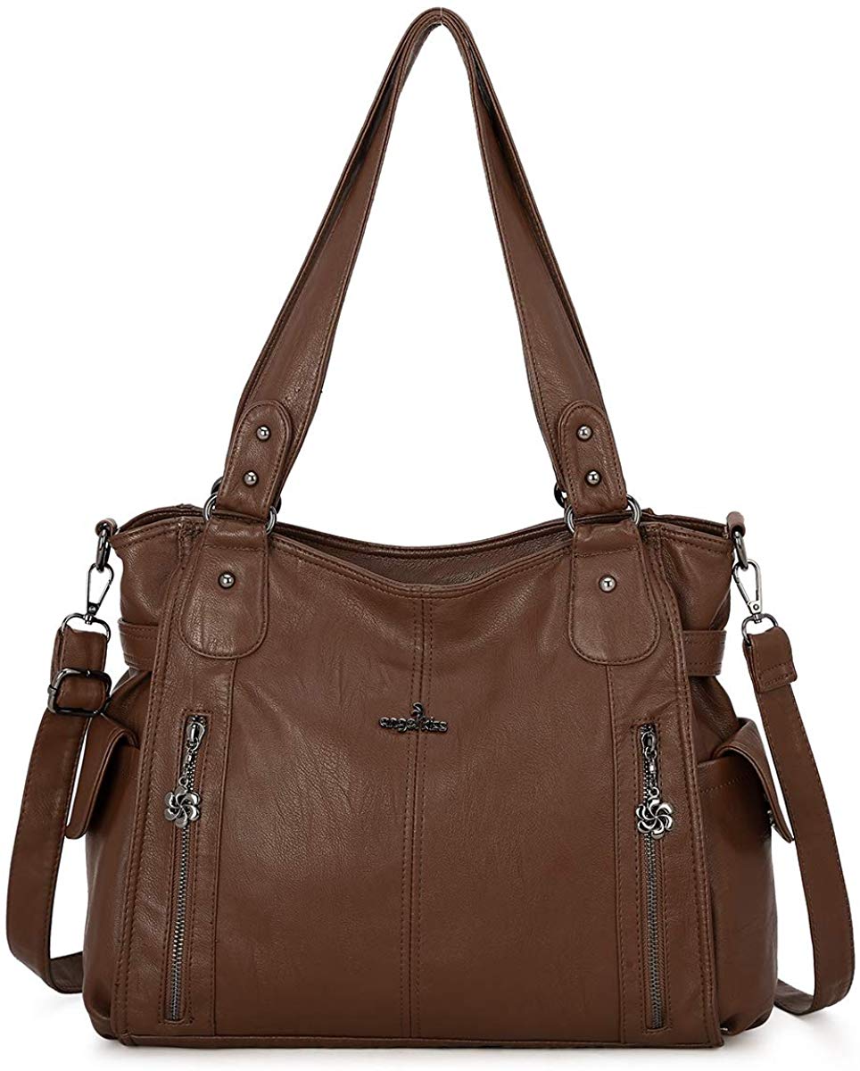 Price:$36.99    Women Handbags Shoulder Bags Washed Leather Satchel Tote Bag Mutipocket Purse (1192 - Dark Brown)  Shoes