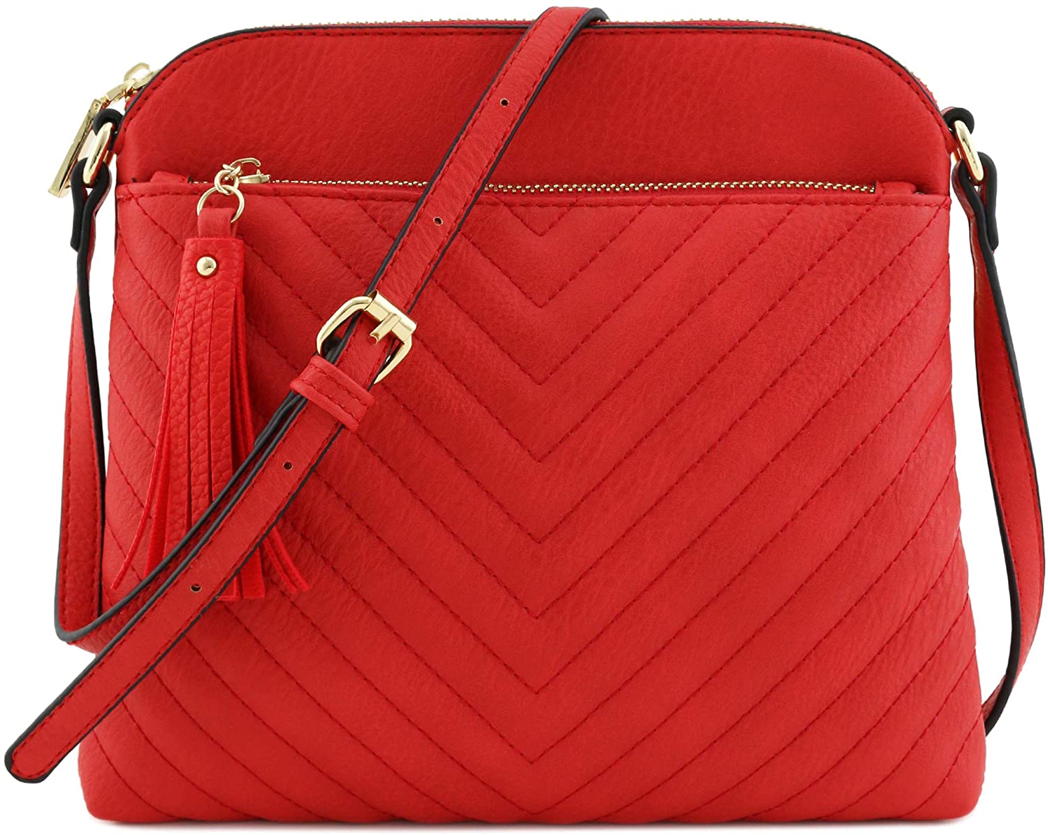 Price:$16.95 Chevron Quilted Medium Crossbody Bag with Tassel Accent (Tomato Red)  Handbags   