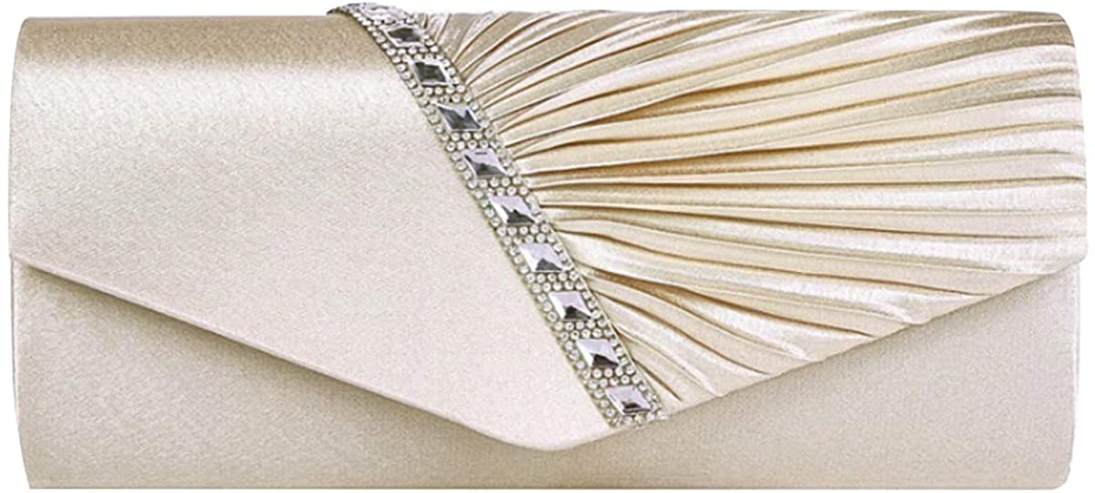Price:$15.99 Buddy Evening Clutch Handbag Women Fashion Pleated Crystal-Studded Crossbody Shoulder Bag Chain Clutch Purse (Champagne)  Handbags   