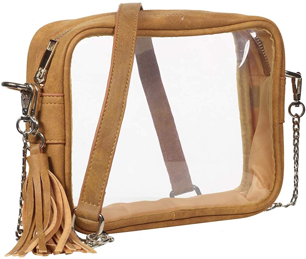 Price:$49.99 Clarity Handbags Clear Stadium Approved Purse - Stella - Transparent Crossbody Purses - PVC Vinyl Bag For Women (Fawn)  Handbags   