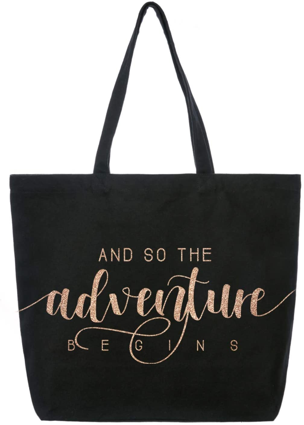 Price:$17.99    ElegantPark And So the Adventure Begins Wedding Bride Tote Bachelorette Party Gift Personalized Travel Shoulder Bag Canvas Black with Champagne Glitter  Kitchen & Dining