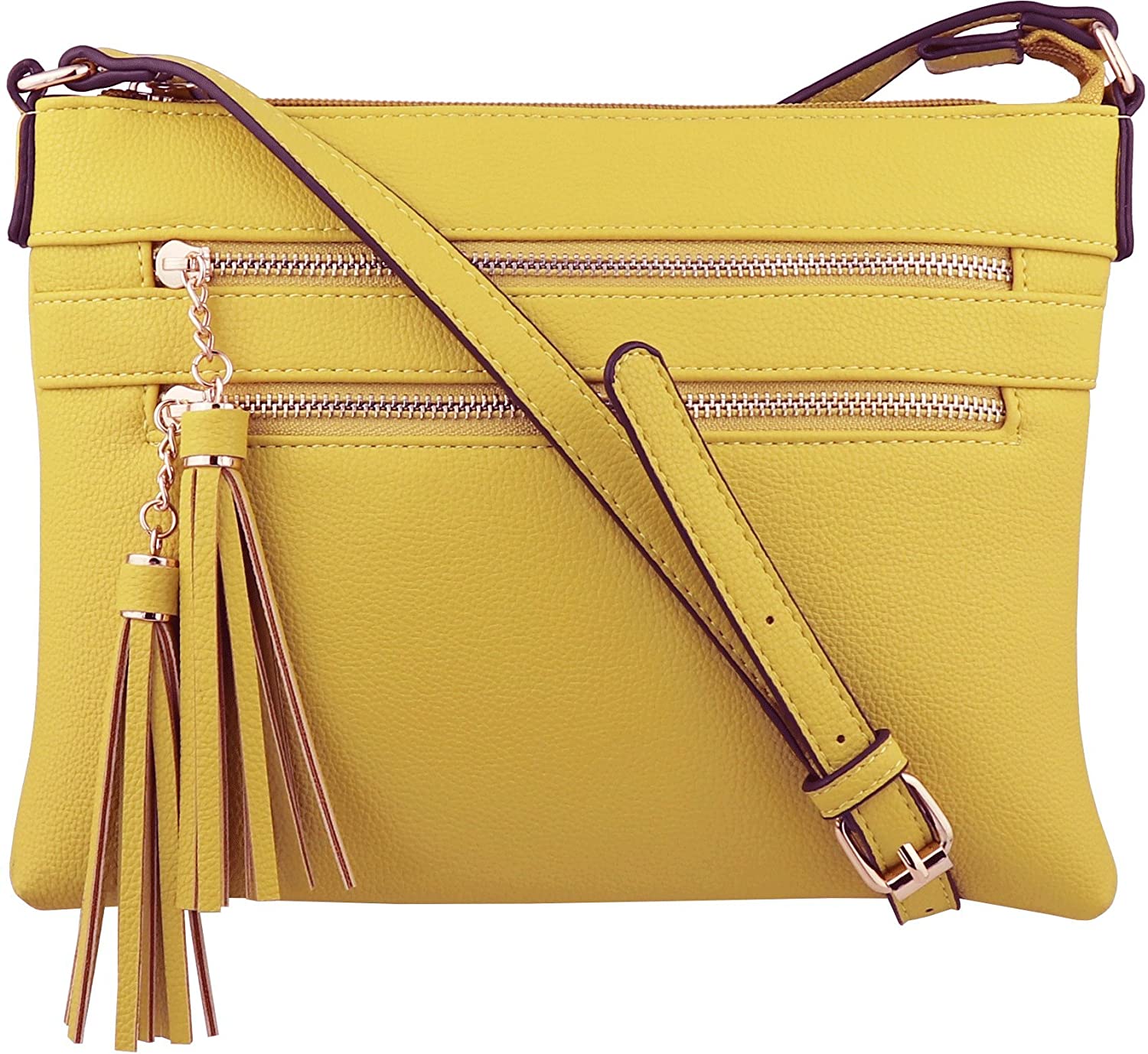 Price:$15.95 B BRENTANO Vegan Multi-Zipper Crossbody Handbag Purse with Tassel Accents (Yellow.)  Handbags   