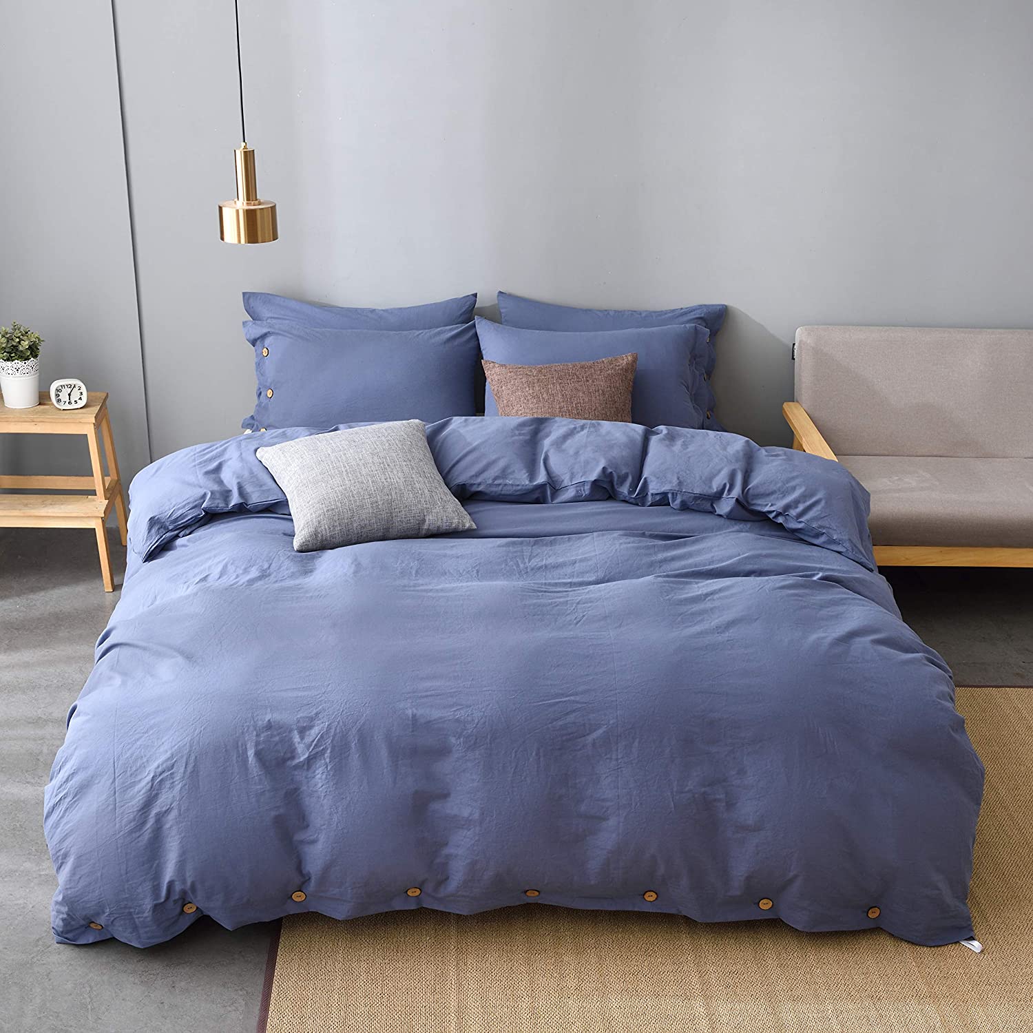 Price:$49.99    JELLYMONI Denim Blue 100% Washed Cotton Duvet Cover Set, 3 Pieces Luxury Soft Bedding Set with Buttons Closure. Solid Color Pattern Duvet Cover Queen Size(No Comforter)  Home & Kitchen
