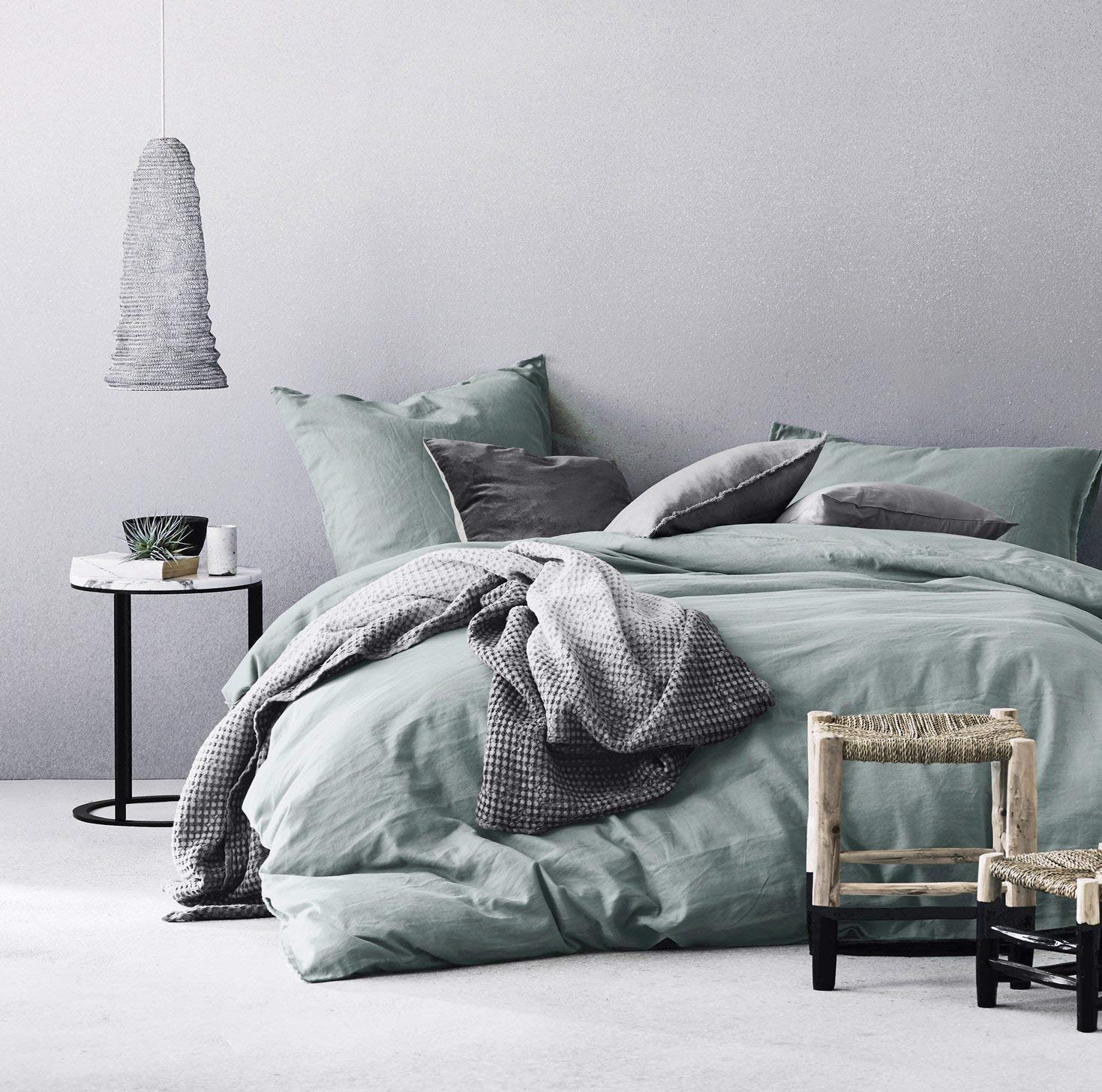Price:$95.50    Eikei Washed Cotton Chambray Duvet Cover Solid Color Casual Modern Style Bedding Set Relaxed Soft Feel Natural Wrinkled Look (Queen, Eucalyptus Mint)  Home & Kitchen