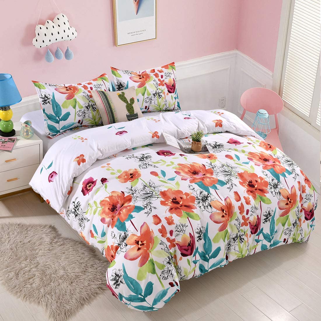 Price:$17.99    YMY Lightweight Microfiber Bedding Duvet Cover Set, Floral Printing Pattern (White, Queen)  Home & Kitchen