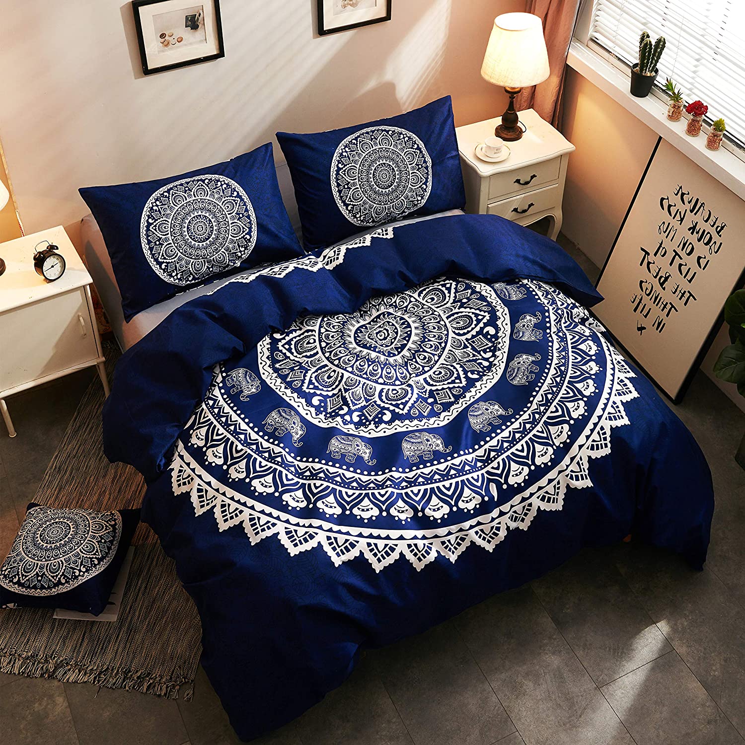 Price:$28.90    LAMEJOR Duvet Cover Set Queen Size Bohemian Style Mandala Elephant Pattern 4-Piece Hotel Luxury Soft Bedding Set Comforter Cover(1 Duvet Cover+2 Pillowcases+1 Cushion Cover) Navy Blue  Home & Kitchen