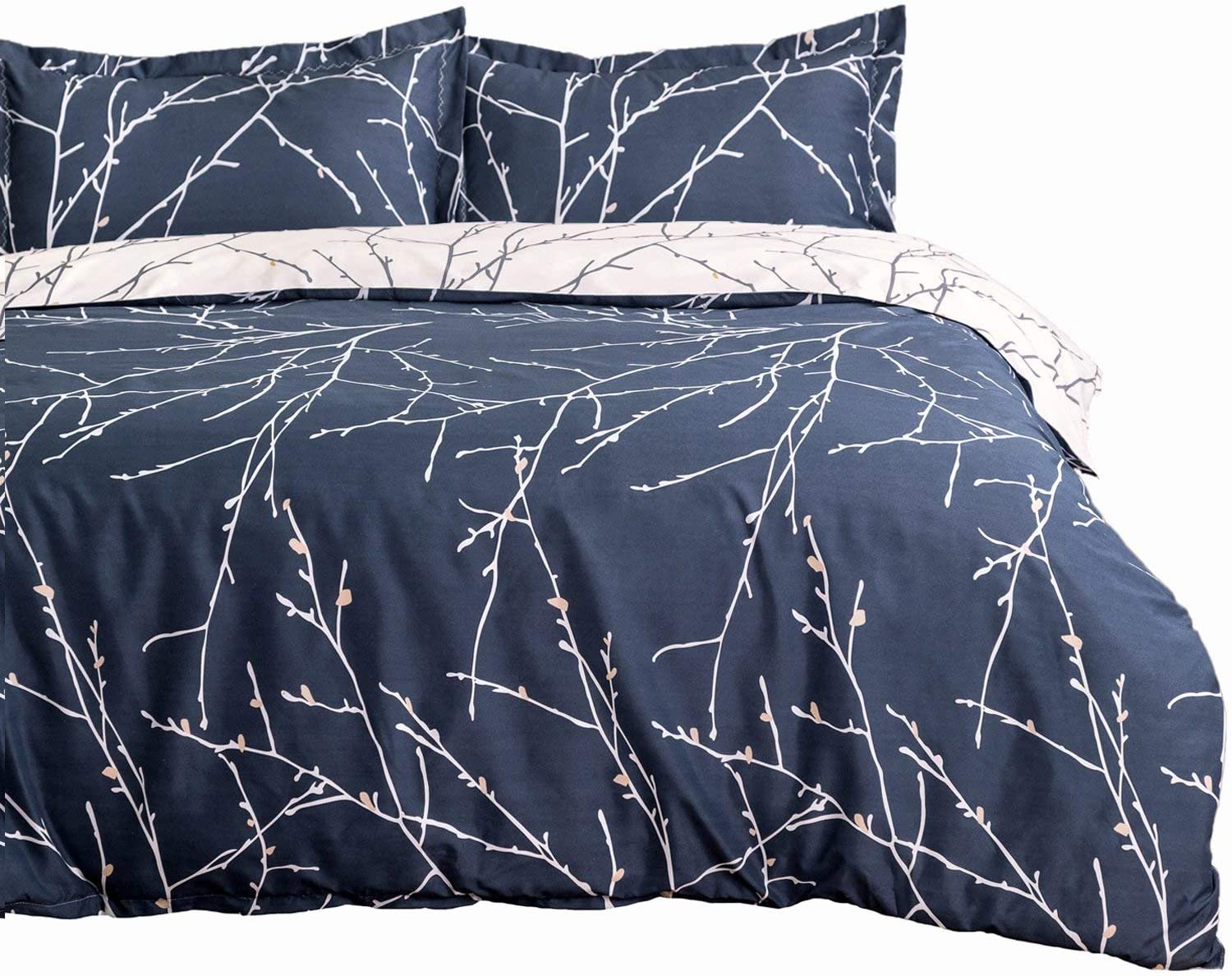 Price:$29.99    Bedsure Duvet Cover Set with Zipper Closure-Branch and Plum Blue Printed Pattern,Full/Queen (90x90 inches)-3 Pieces (1 Duvet Cover + 2 Pillow Shams)-110 gsm Ultra Soft Microfiber  Home & Kitchen