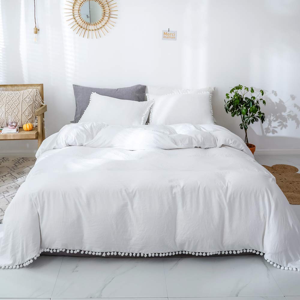 Price:$32.99    Smoofy Bedding Duvet Cover Set Ball Pom Fringe Bedding Pillowcase Sets (Queen, White)  Home & Kitchen
